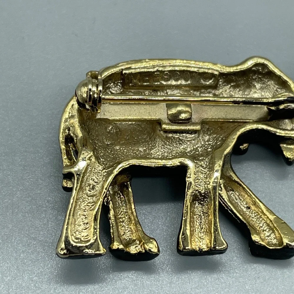 Vintage MEESCO Black Enamel Elephant Brooch Gold Tone Rhinestone Pin missing eye